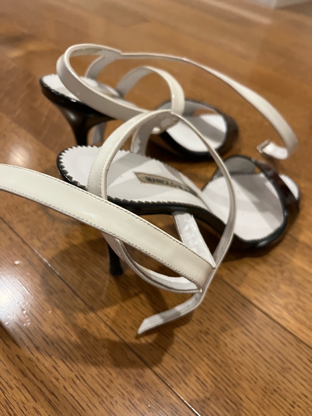 Manolo Blahnik Black Patent and White Strappy Sandals - Picture 6 of 7